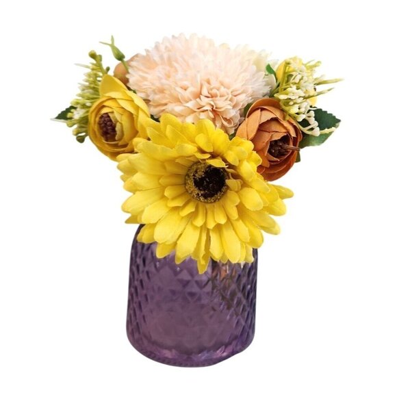 Spring Artificial Yellow & Peach Flowers In Purple Diamond Pattern Glass Vase - Picture 6 of 9